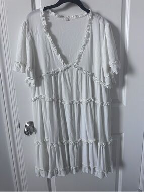 ODDY Ivory Babydoll Ruffle Tiered Mini Dress-Large